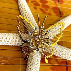 Vintage Signed MONET Rhinestoned Gold Toned Butterfly Brooch 1.5in.x2in.